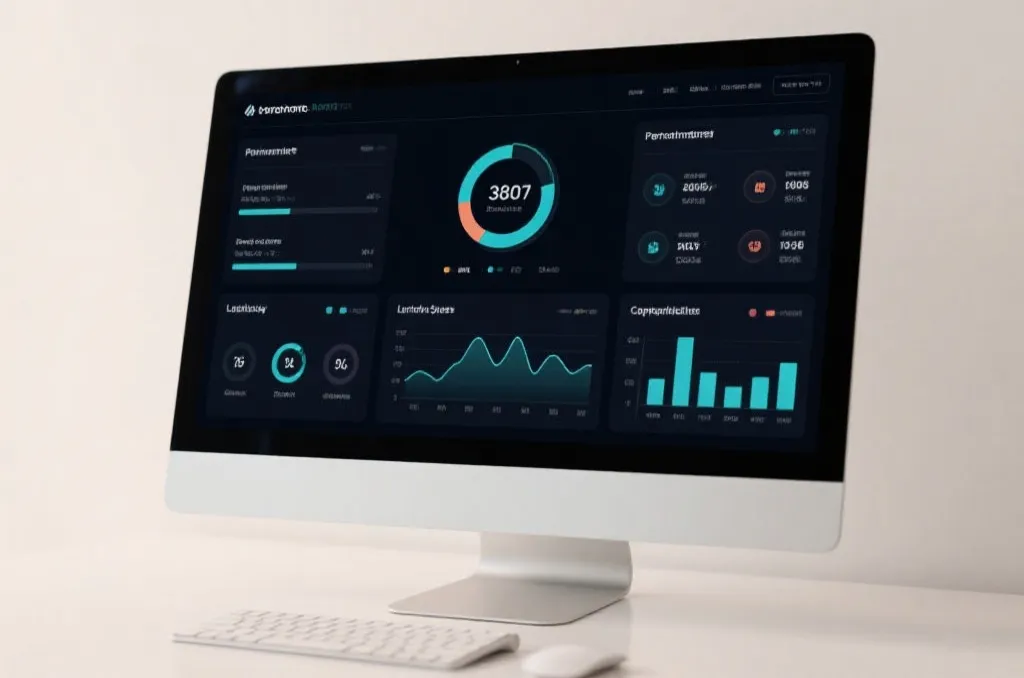A high-tech digital dashboard displaying performance metrics, loading speeds, and compatibility charts on a clean desktop monitor